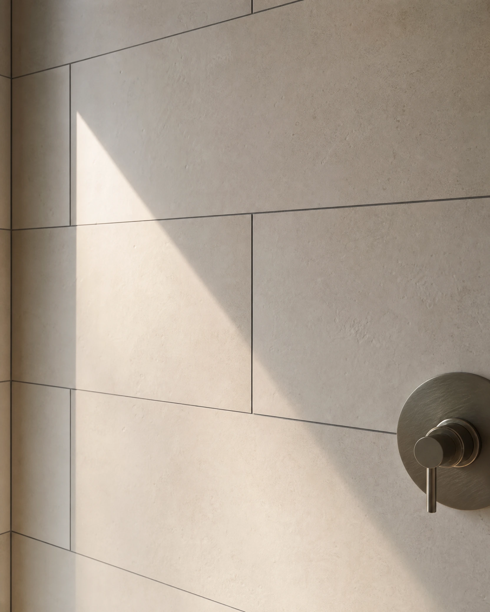 Crisp ceramic shower tile alignment and fine grout lines