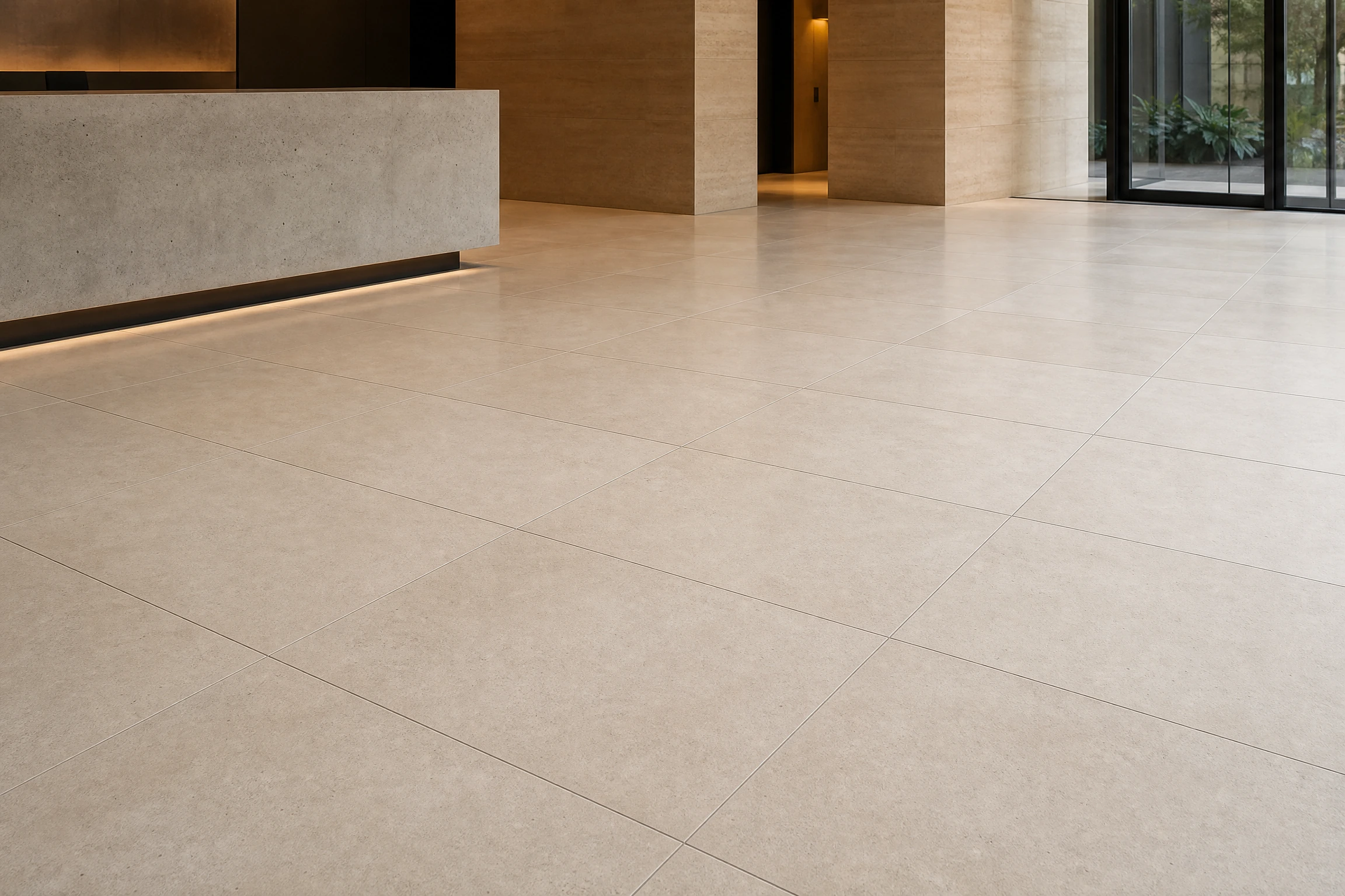 Large-format porcelain tile flooring in a commercial interior