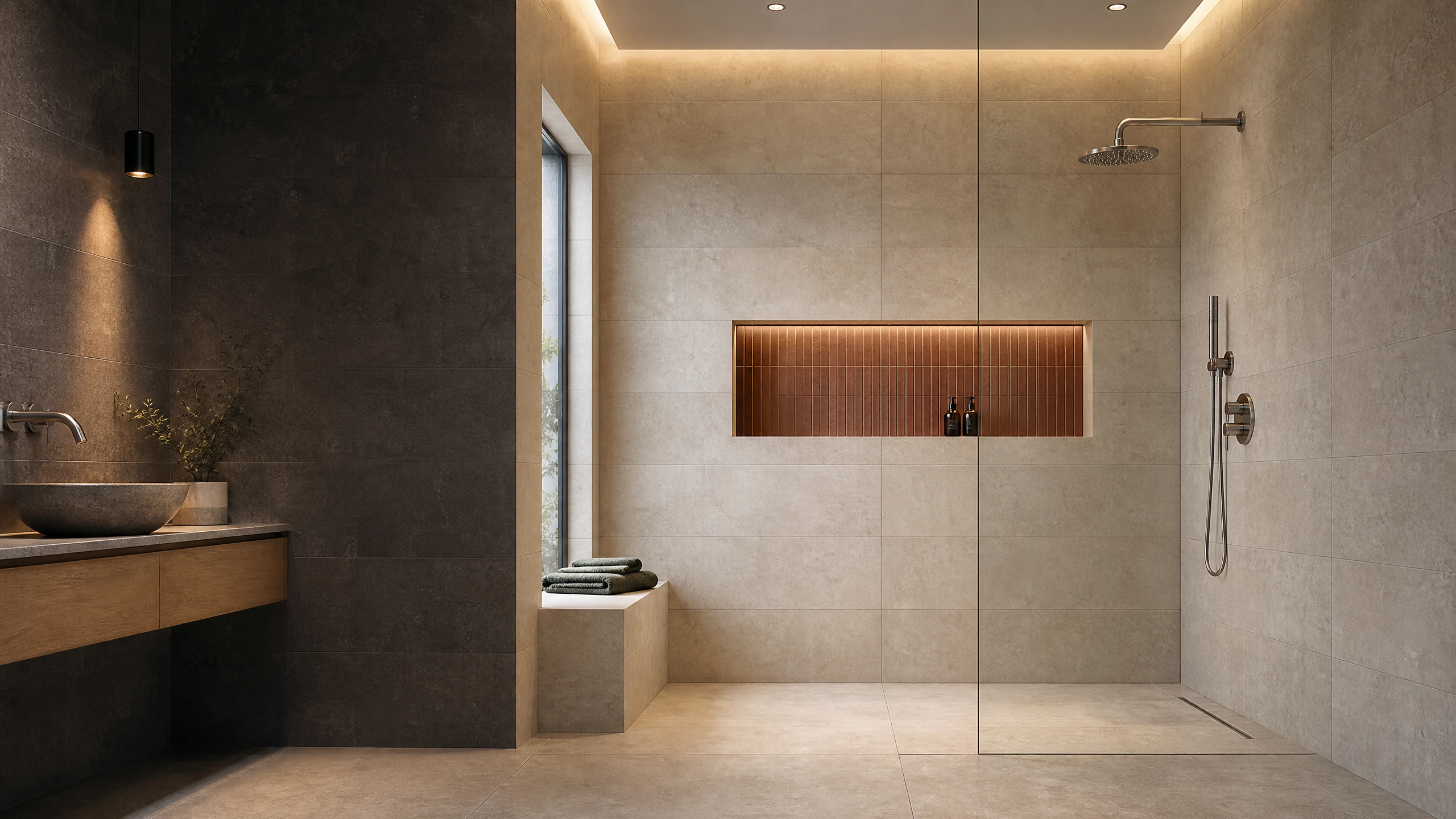 Modern tiled shower with large-format porcelain walls and floor