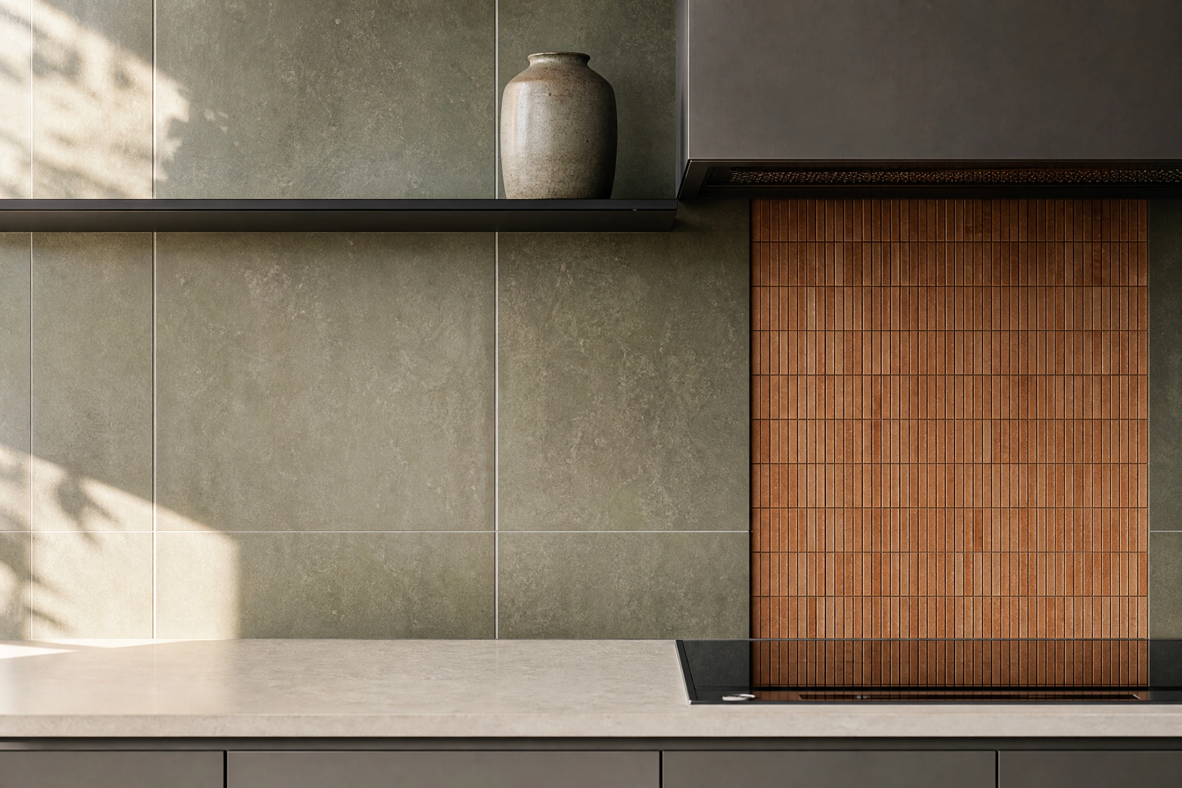 Porcelain kitchen backsplash and terracotta mosaic tile installation